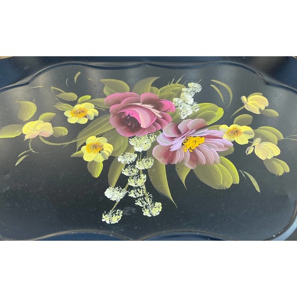 Black Vintage Hand-Painted Footed Toleware Serving Tray, Floral, Made in USA - Picture 3 of 10
